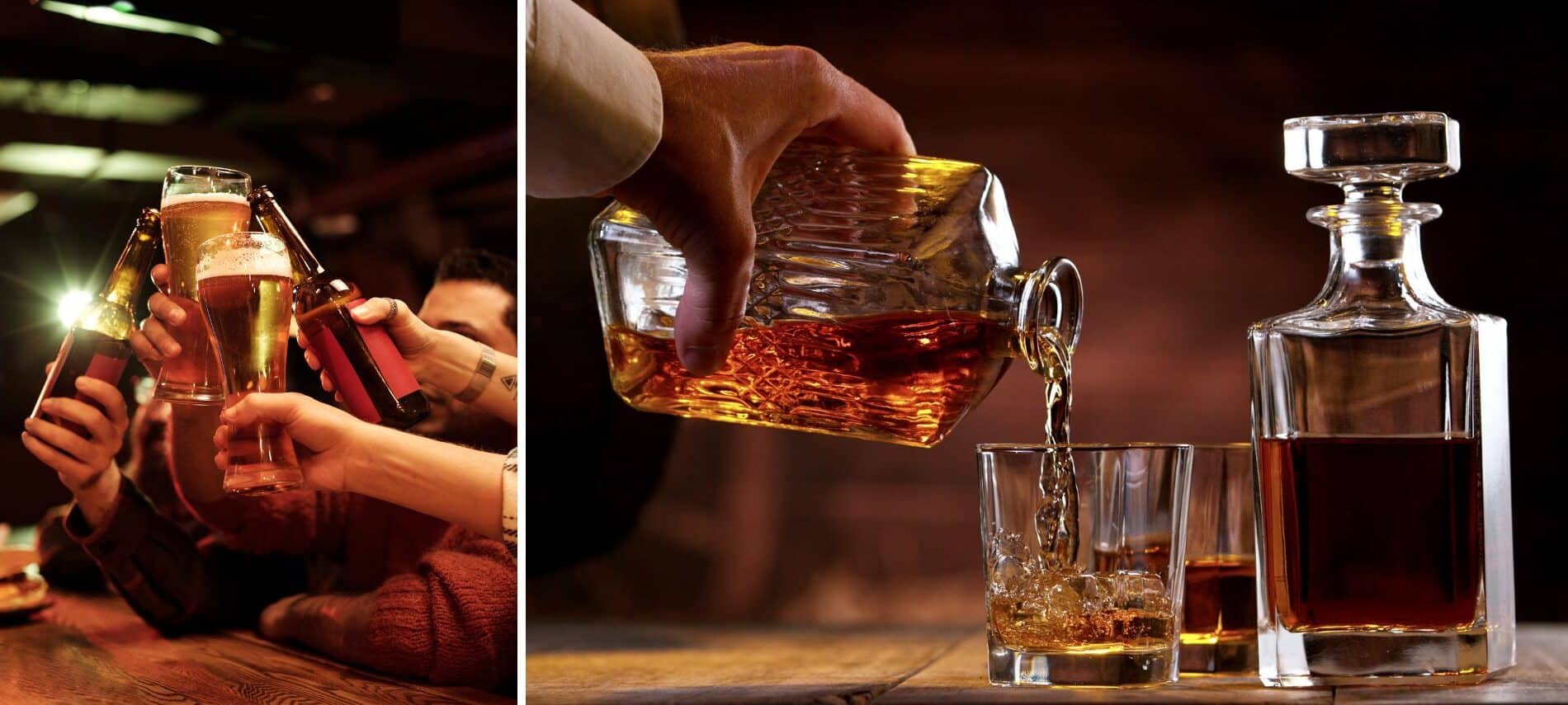 people cheers-ing with beer at a brewery and someone pouring a glass of bourbon from a decanter